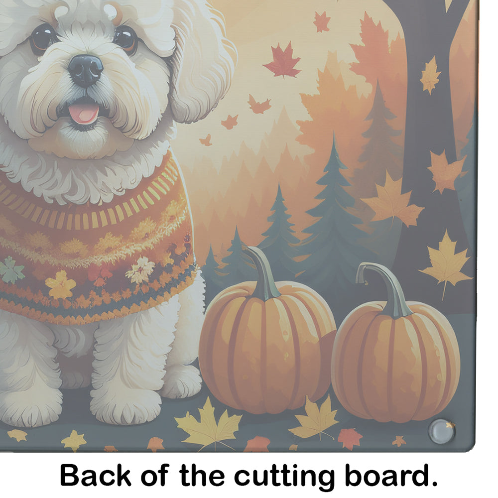 Bichon Frise Fall Cutting Board Tempered Glass Kitchen Cutting Surface, Heat Resistant Chopping, Non-Slip Feet, Food Prep & Serving