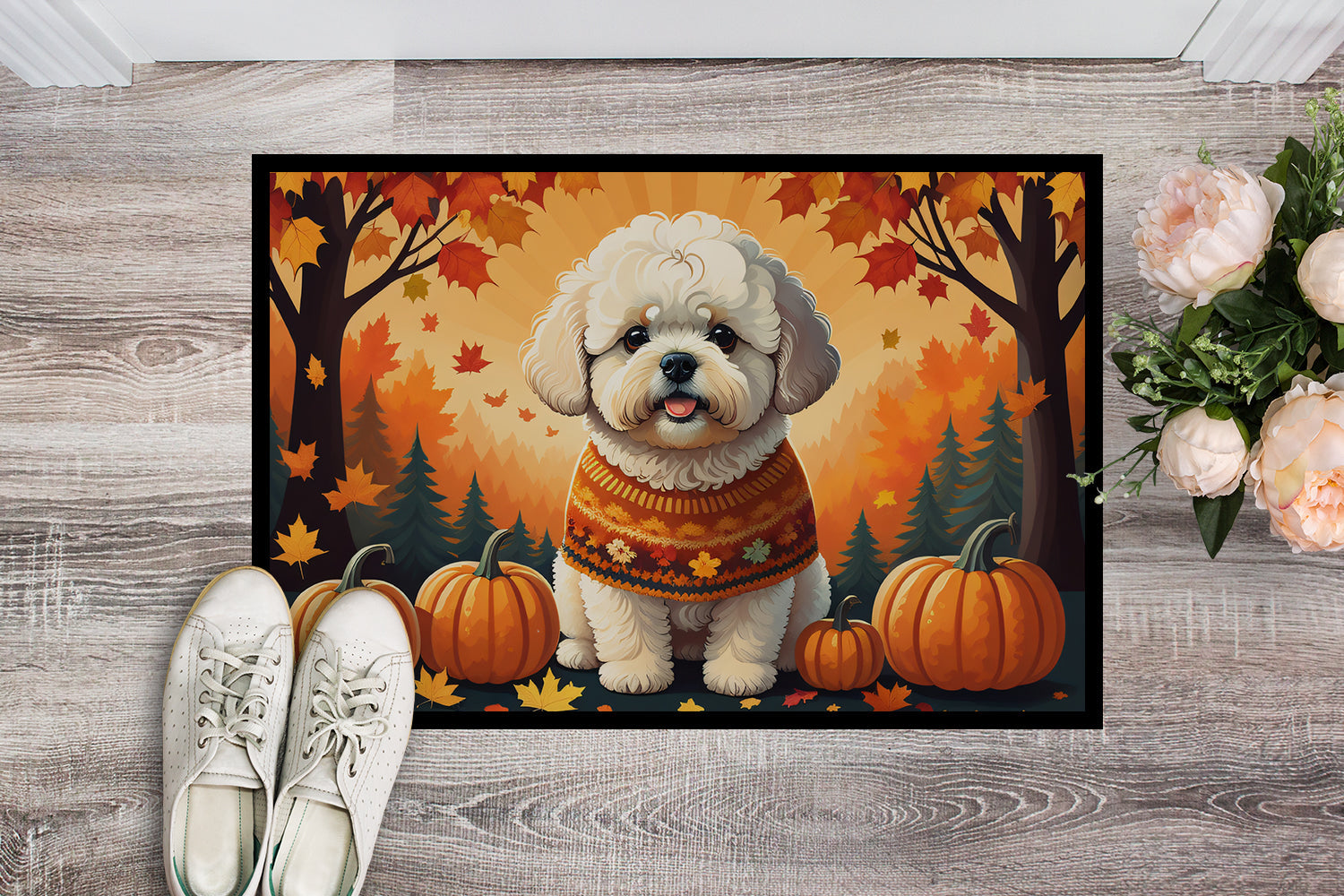 Bichon Frise Fall Doormat Indoor Outdoor 18H X 27W Front Door Mat Rugs for Entryway, Non Slip Washable