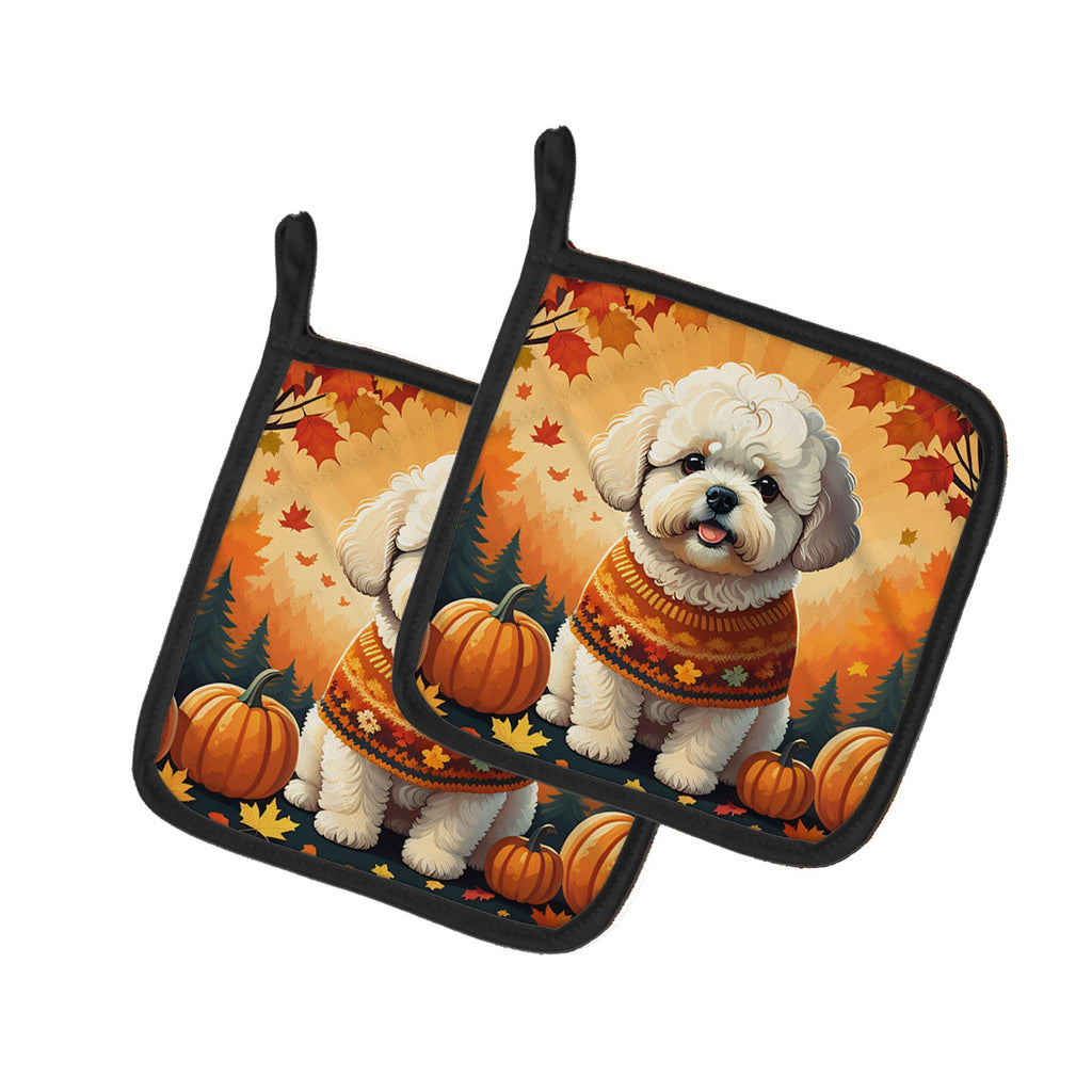 Bichon Frise Fall Pot Holder Set of 2 Heat Resistant Quilted Hot Pads 7.5 x 7.5 Inch, Insulated Kitchen Trivets for Cooking & Baking
