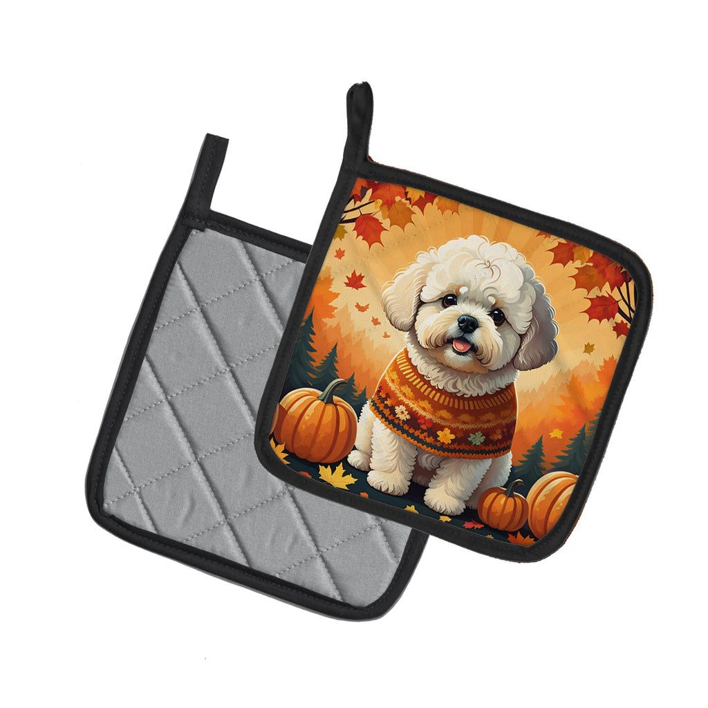 Bichon Frise Fall Pot Holder Set of 2 Heat Resistant Quilted Hot Pads 7.5 x 7.5 Inch, Insulated Kitchen Trivets for Cooking & Baking