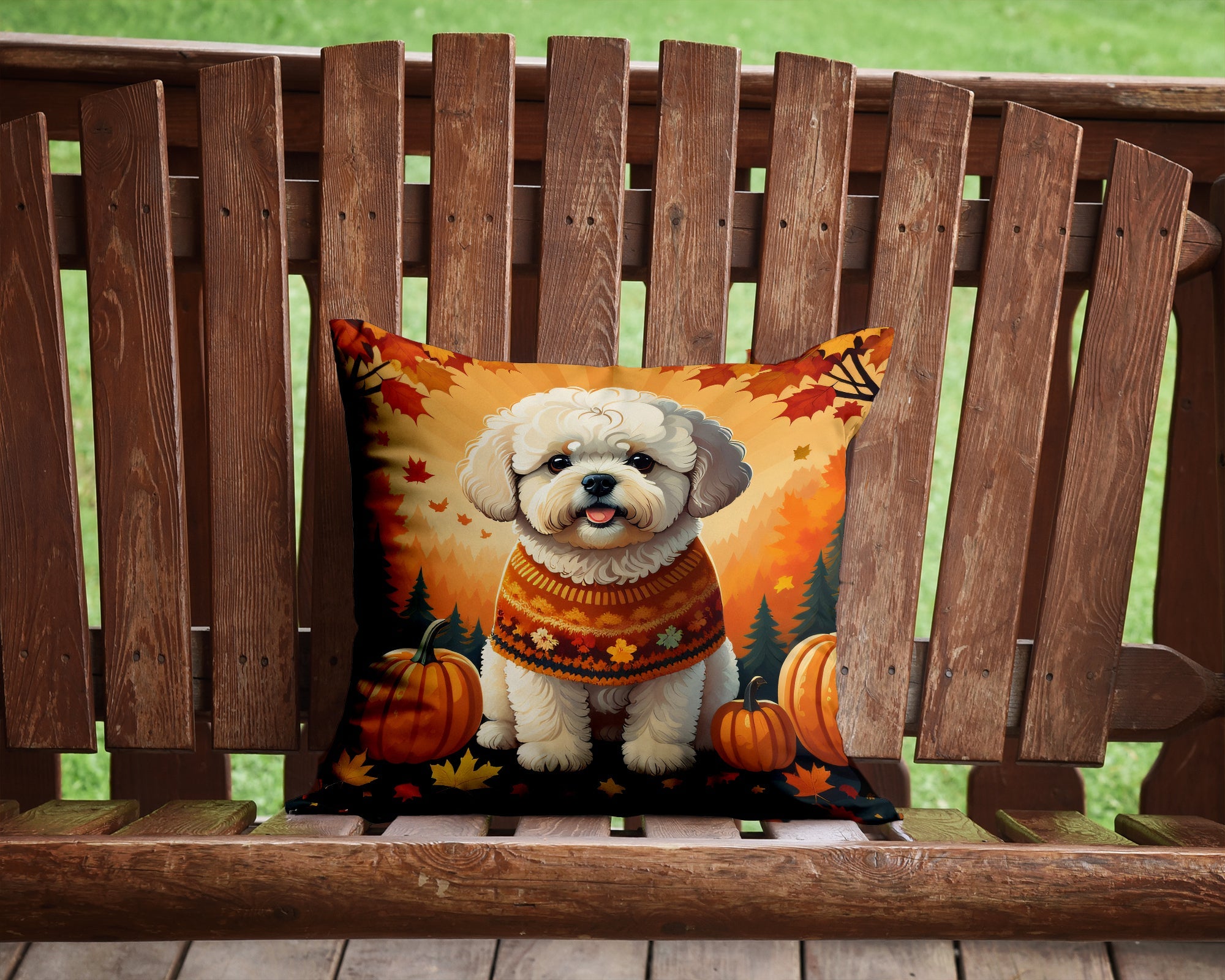 Bichon Frise Fall Decorative Throw Pillow 14x14 Indoor Outdoor Accent Cushion, Fabric Cover with Insert for Sofa, Bed, Porch & Living Room