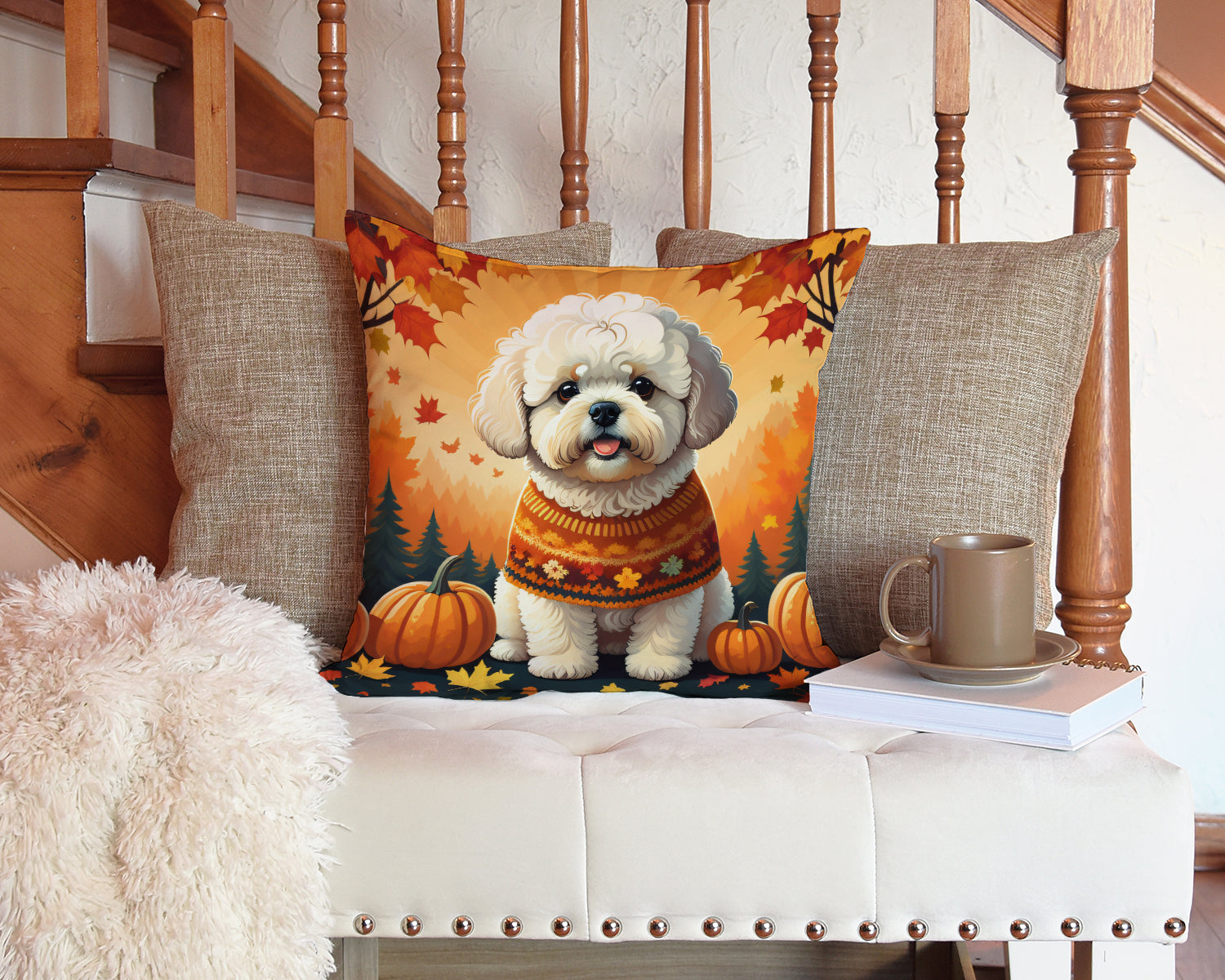 Bichon Frise Fall Decorative Throw Pillow 14x14 Indoor Outdoor Accent Cushion, Fabric Cover with Insert for Sofa, Bed, Porch & Living Room