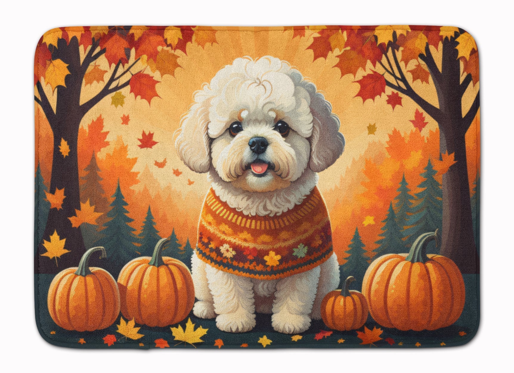 Bichon Frise Fall Memory Foam Kitchen Mat Machine Washable Anti-Fatigue Cushion Comfort Bath or Kitchen Rug