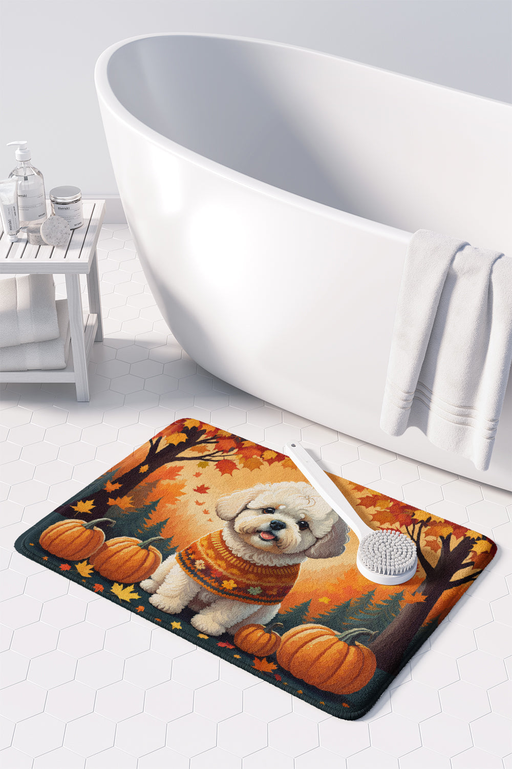 Bichon Frise Fall Memory Foam Kitchen Mat Machine Washable Anti-Fatigue Cushion Comfort Bath or Kitchen Rug