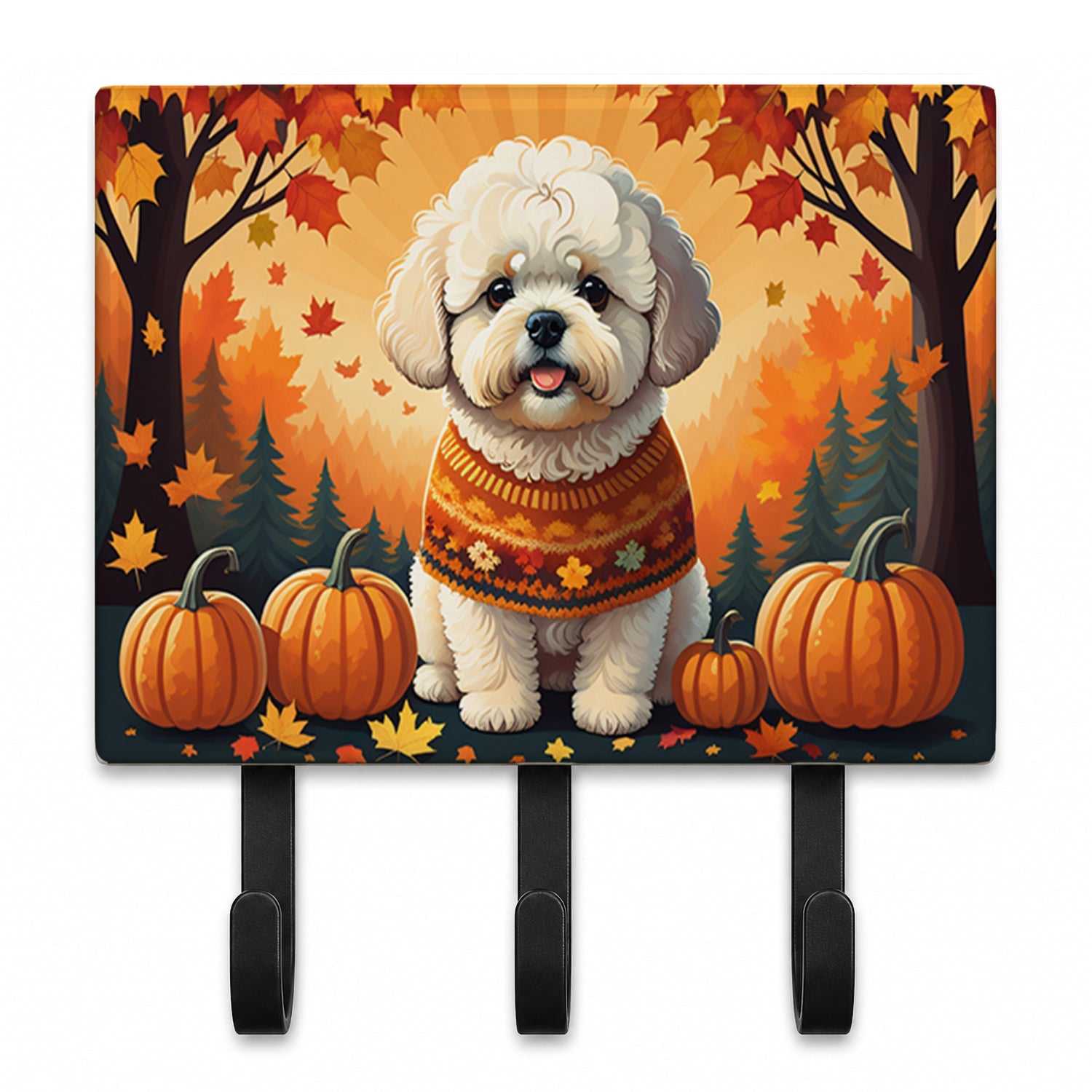 Bichon Frise Fall Leash or Key Holder Wall Hooks, Coat Rack Wall Mount, for Hanging Keys, Towels, Aprons, Leashes
