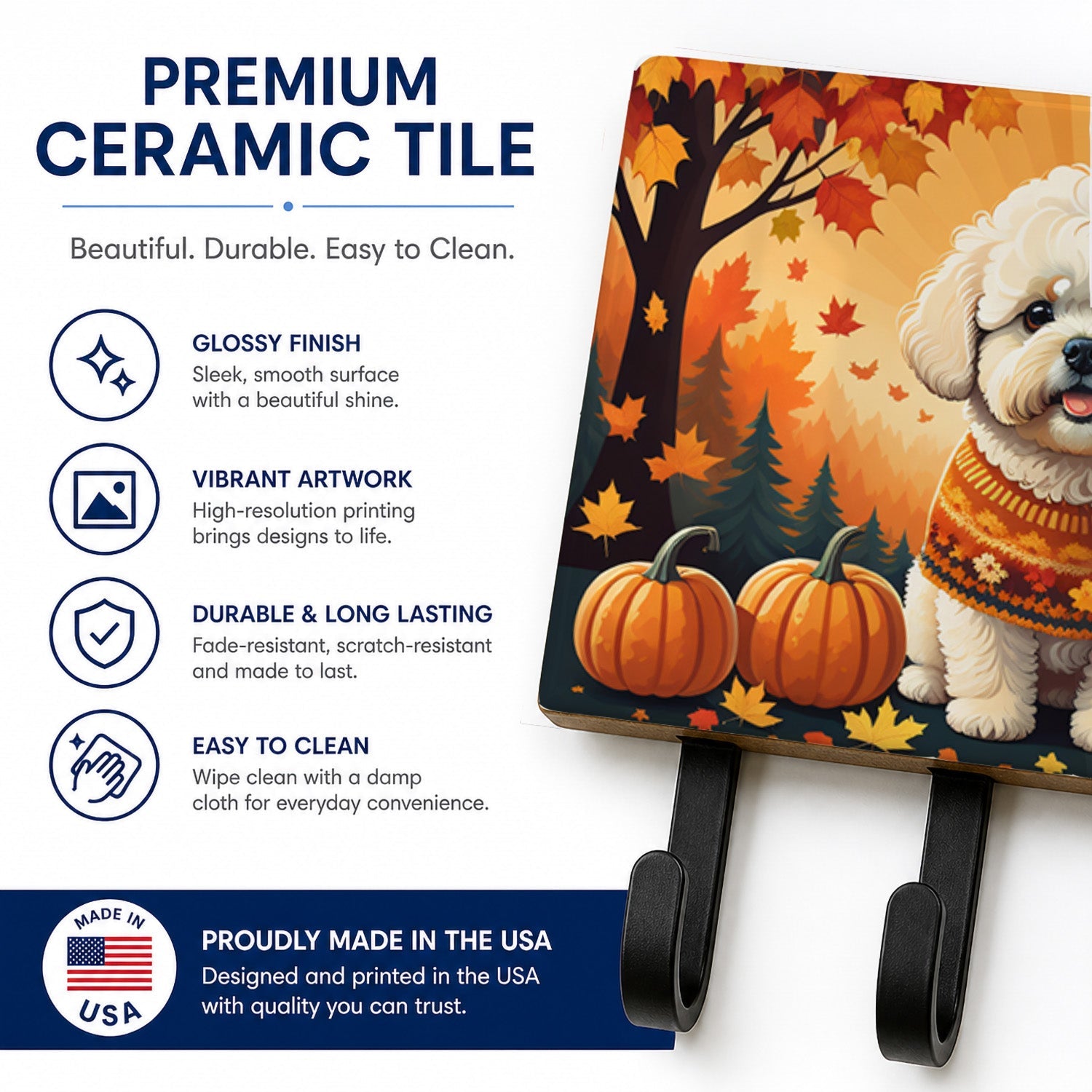 Bichon Frise Fall Leash or Key Holder Wall Hooks, Coat Rack Wall Mount, for Hanging Keys, Towels, Aprons, Leashes