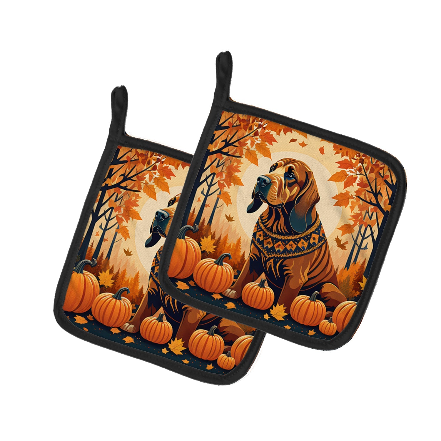 Bloodhound Fall Pot Holder Set of 2 Heat Resistant Quilted Hot Pads 7.5 x 7.5 Inch, Insulated Kitchen Trivets for Cooking & Baking