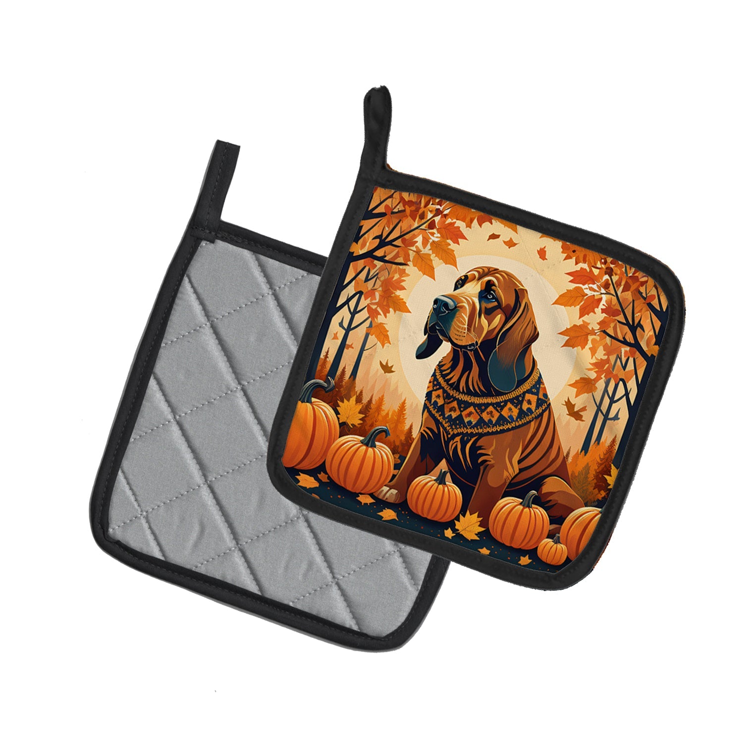 Bloodhound Fall Pot Holder Set of 2 Heat Resistant Quilted Hot Pads 7.5 x 7.5 Inch, Insulated Kitchen Trivets for Cooking & Baking