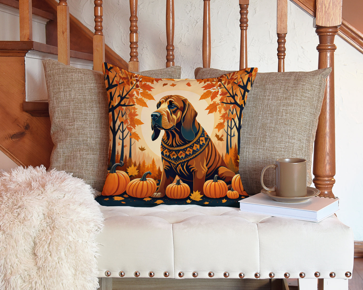 Bloodhound Fall Decorative Throw Pillow 14x14 Indoor Outdoor Accent Cushion, Fabric Cover with Insert for Sofa, Bed, Porch & Living Room