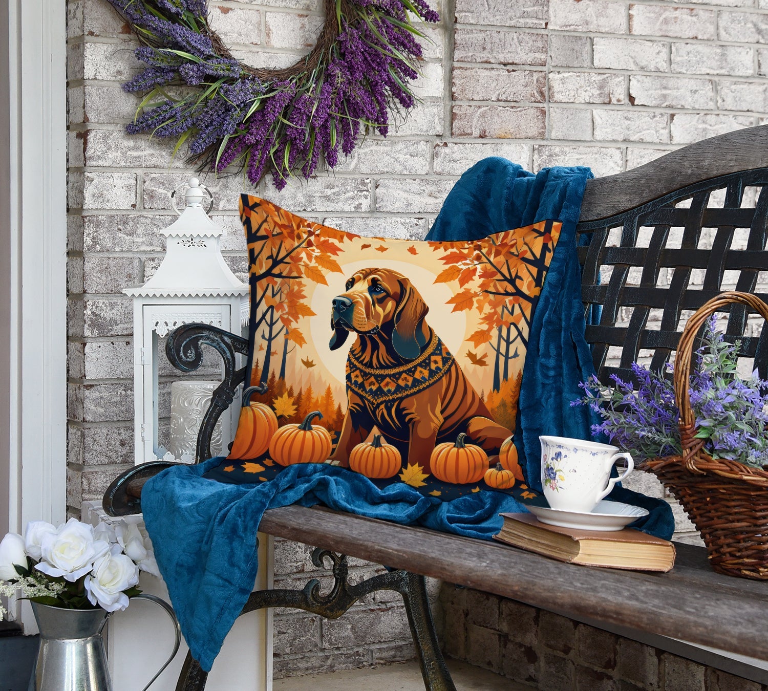 Bloodhound Fall Decorative Throw Pillow 18x18 Indoor Outdoor Accent Cushion, Fabric Cover with Insert for Sofa, Bed, Porch & Living Room