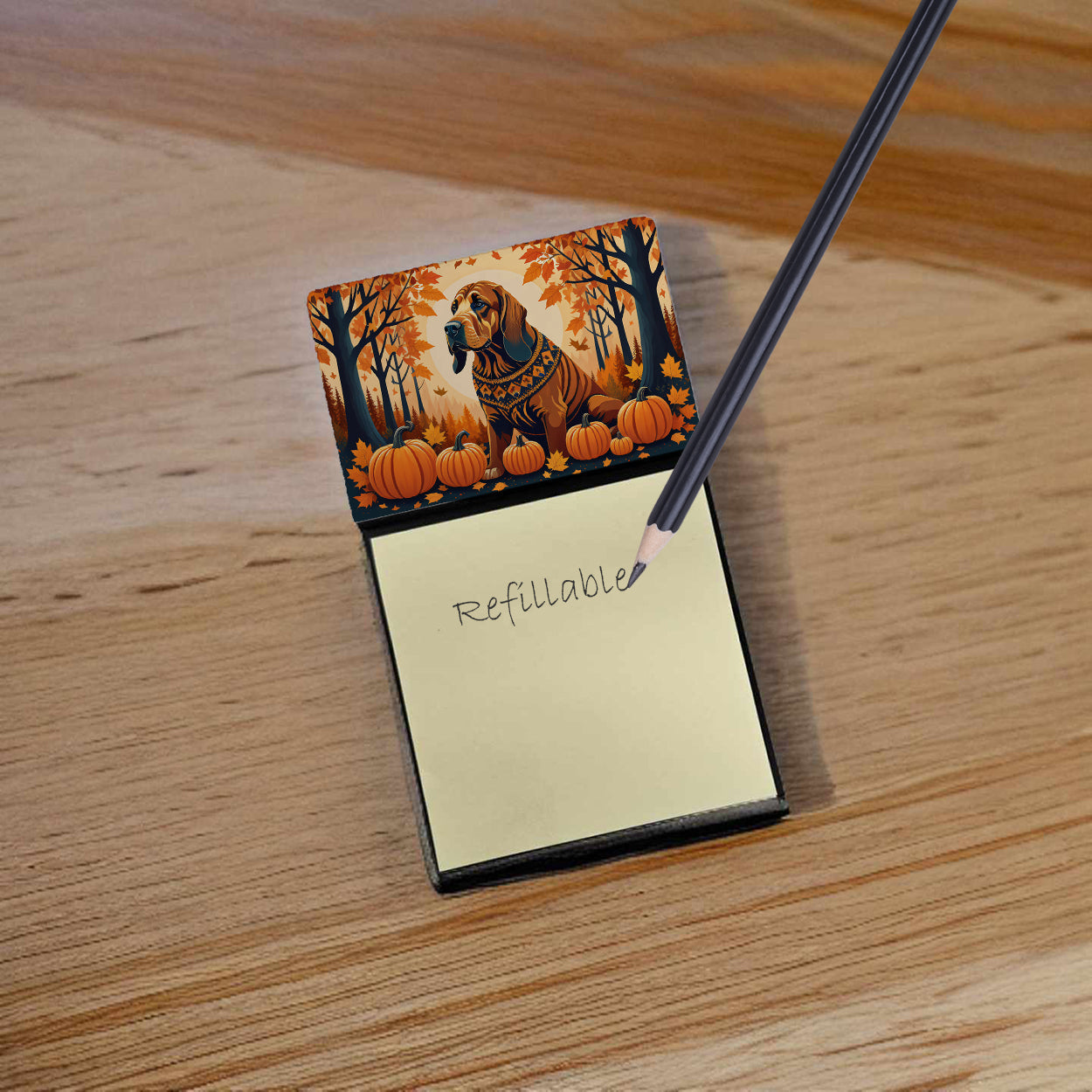 Bloodhound Fall Watercolor Sticky Note Holder Refillable Dispenser Desk Accessory 3x3 Pad Gift