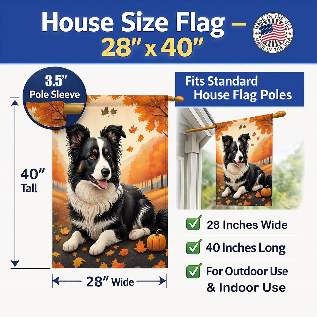 Border Collie Fall House Flag 28x40 Porch Sleeve Pole Decorative Outside Yard Banner Artwork Wall Hanging, Polyester