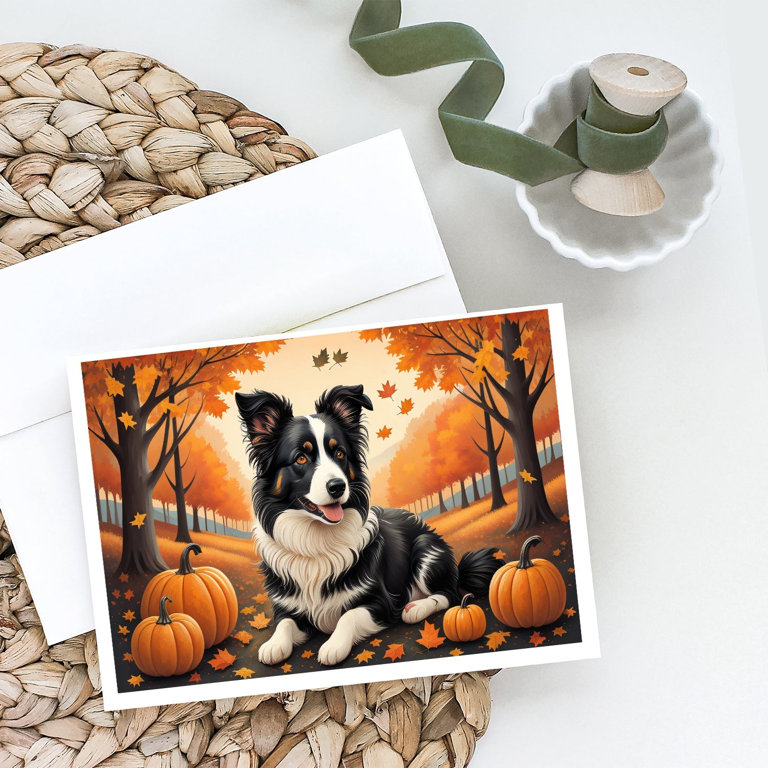 Border Collie Fall Greeting Cards Pack of 8 Blank Cards with Envelopes Whimsical A7 Size 5x7