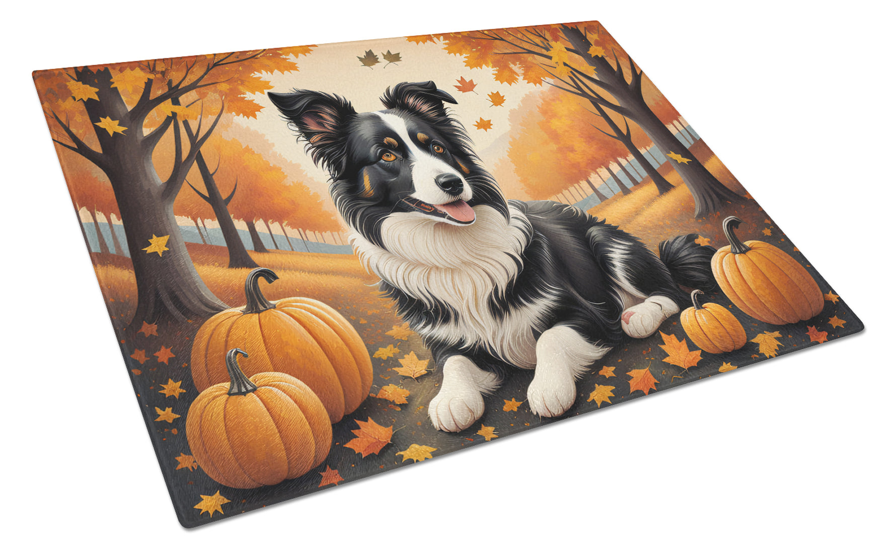 Border Collie Fall Cutting Board Tempered Glass Kitchen Cutting Surface, Heat Resistant Chopping, Non-Slip Feet, Food Prep & Serving