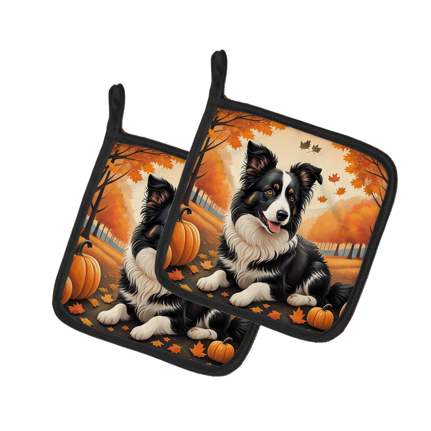 Border Collie Fall Pot Holder Set of 2 Heat Resistant Quilted Hot Pads 7.5 x 7.5 Inch, Insulated Kitchen Trivets for Cooking & Baking