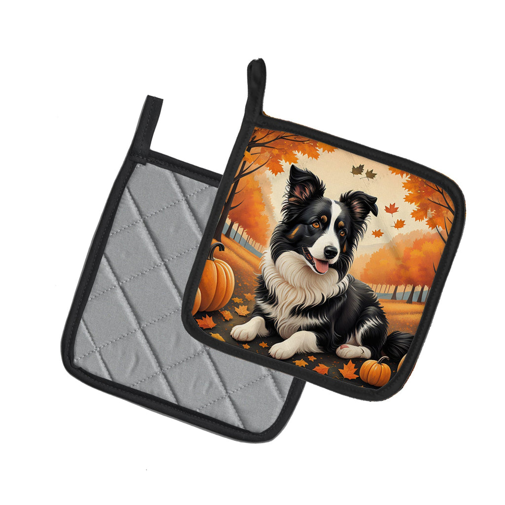 Border Collie Fall Pot Holder Set of 2 Heat Resistant Quilted Hot Pads 7.5 x 7.5 Inch, Insulated Kitchen Trivets for Cooking & Baking