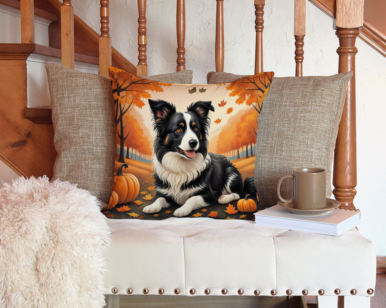 Border Collie Fall Decorative Throw Pillow 14x14 Indoor Outdoor Accent Cushion, Fabric Cover with Insert for Sofa, Bed, Porch & Living Room