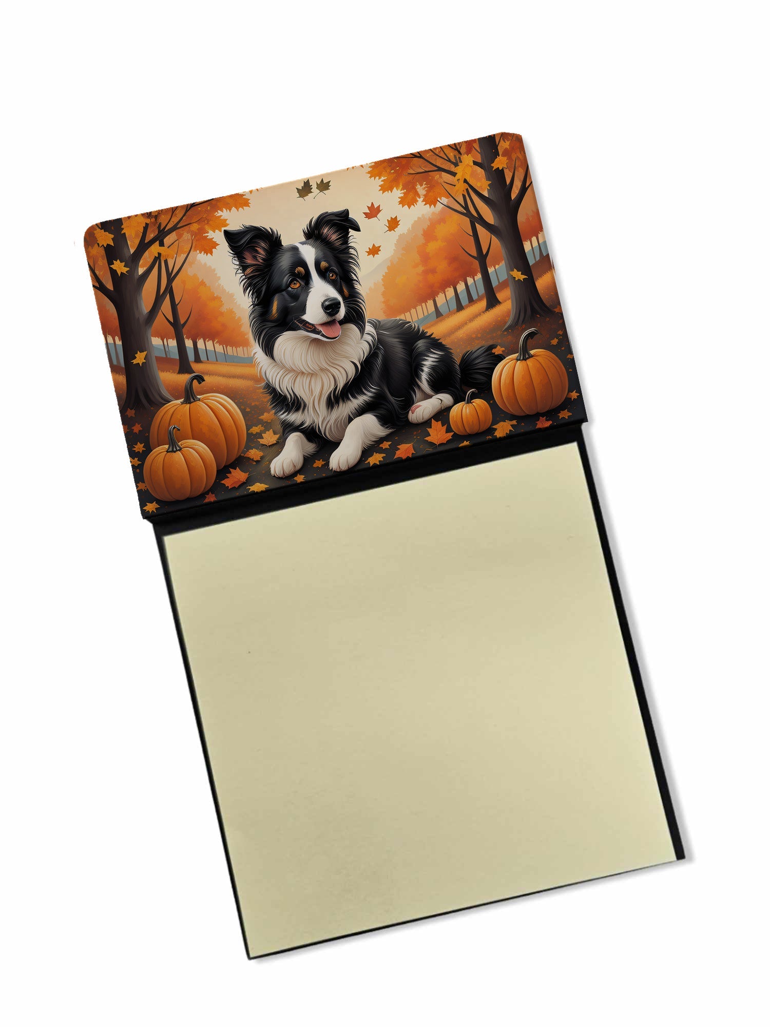 Border Collie Fall Watercolor Sticky Note Holder Refillable Dispenser Desk Accessory 3x3 Pad Gift