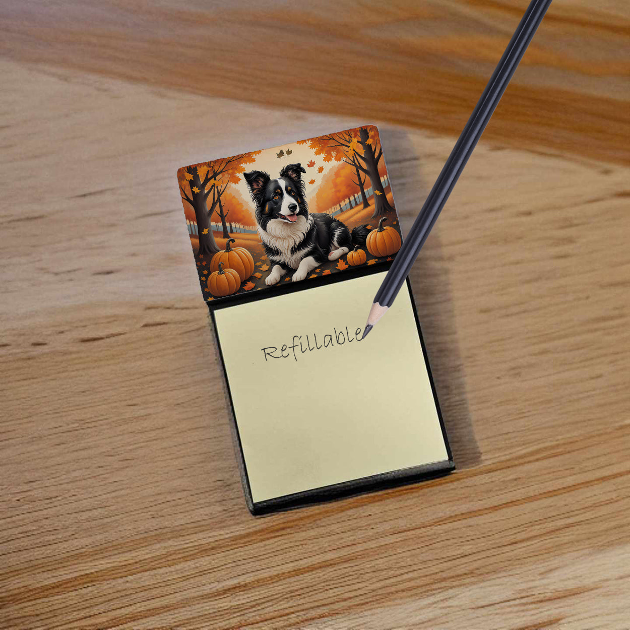 Border Collie Fall Watercolor Sticky Note Holder Refillable Dispenser Desk Accessory 3x3 Pad Gift