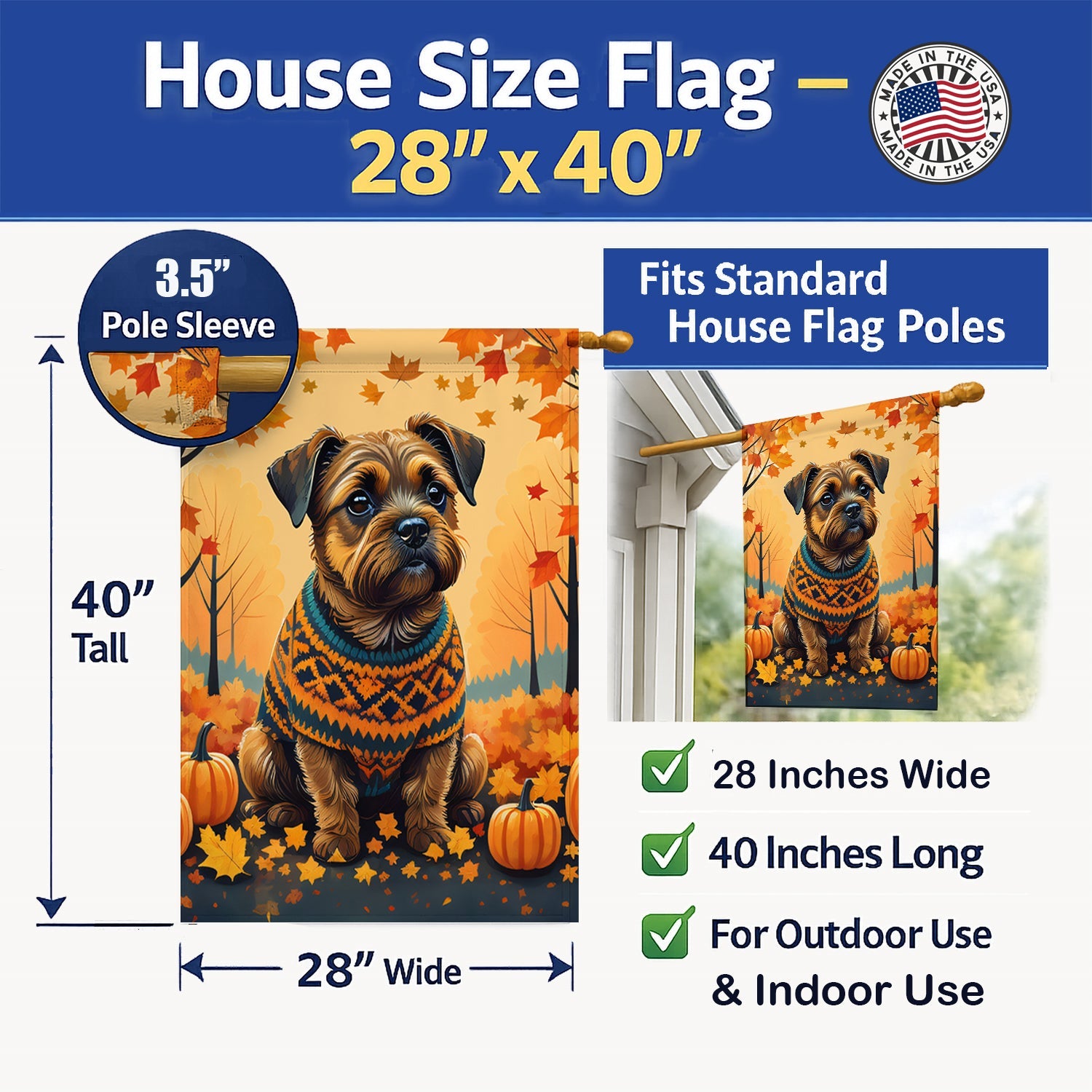 Border Terrier Fall House Flag 28x40 Porch Sleeve Pole Decorative Outside Yard Banner Artwork Wall Hanging, Polyester