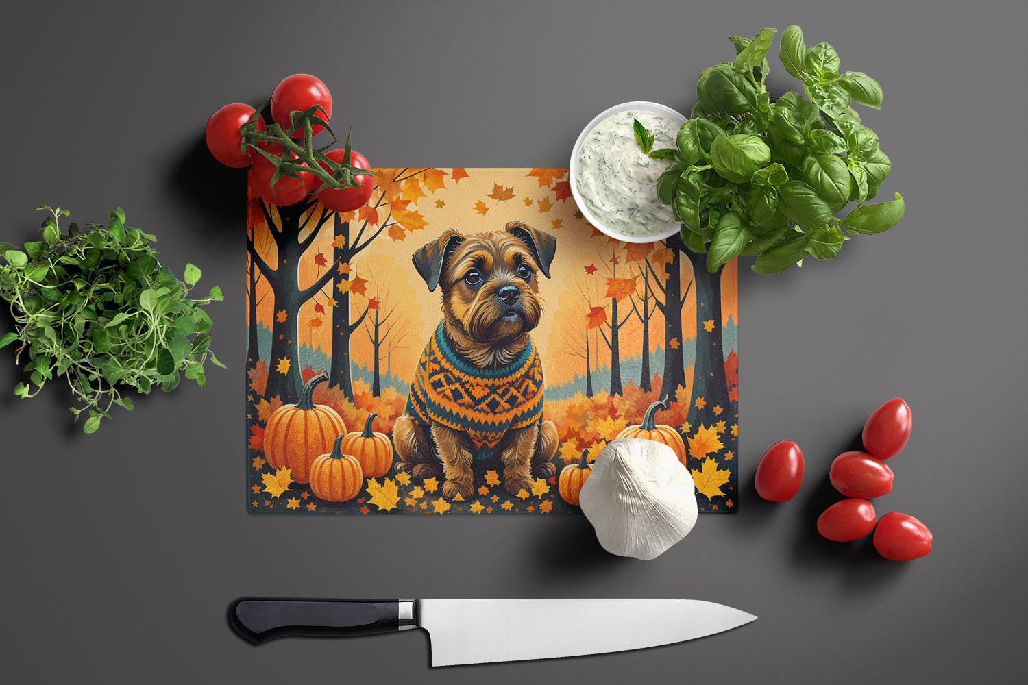 Border Terrier Fall Cutting Board Tempered Glass Kitchen Cutting Surface, Heat Resistant Chopping, Non-Slip Feet, Food Prep & Serving