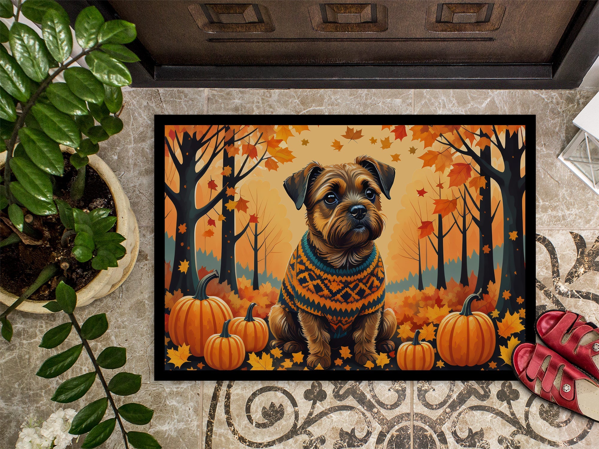 Border Terrier Fall Doormat Indoor Outdoor 18H X 27W Front Door Mat Rugs for Entryway, Non Slip Washable