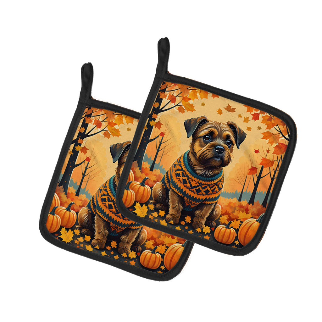 Border Terrier Fall Pot Holder Set of 2 Heat Resistant Quilted Hot Pads 7.5 x 7.5 Inch, Insulated Kitchen Trivets for Cooking & Baking