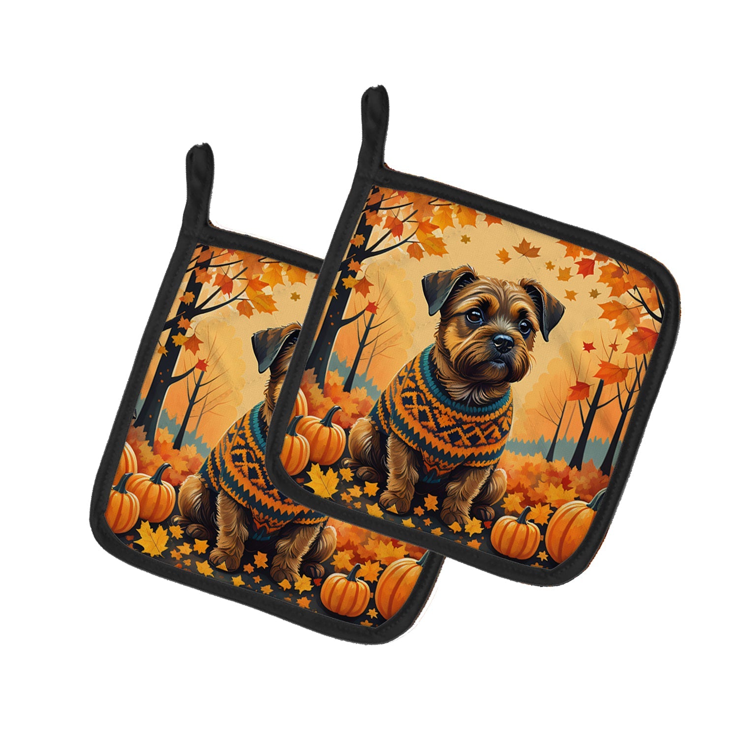 Border Terrier Fall Pot Holder Set of 2 Heat Resistant Quilted Hot Pads 7.5 x 7.5 Inch, Insulated Kitchen Trivets for Cooking & Baking