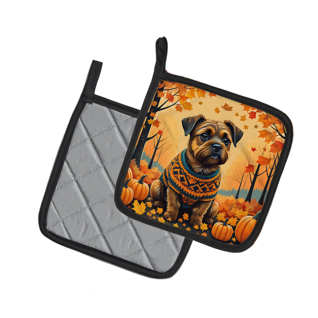 Border Terrier Fall Pot Holder Set of 2 Heat Resistant Quilted Hot Pads 7.5 x 7.5 Inch, Insulated Kitchen Trivets for Cooking & Baking