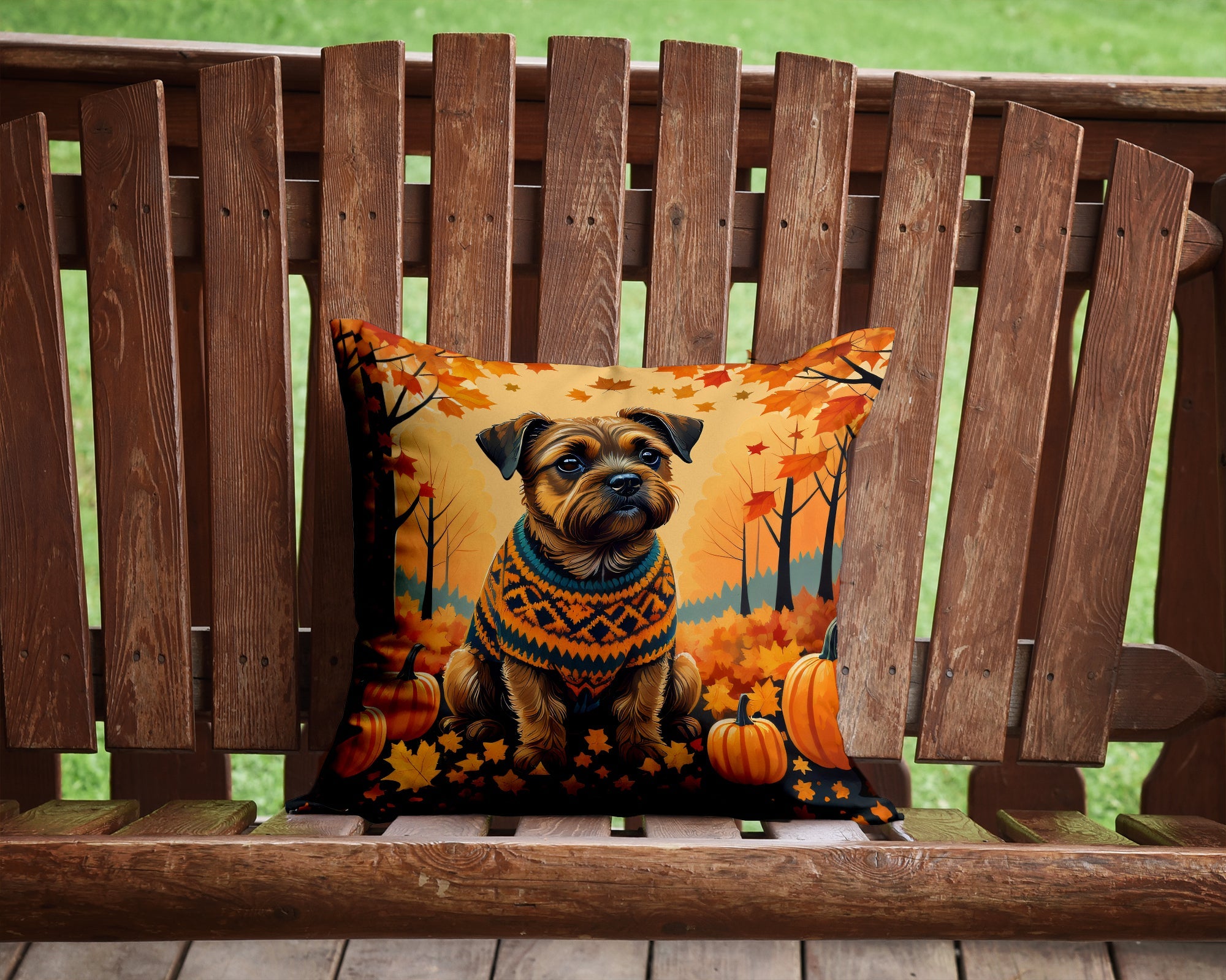 Border Terrier Fall Decorative Throw Pillow 14x14 Indoor Outdoor Accent Cushion, Fabric Cover with Insert for Sofa, Bed, Porch & Living Room