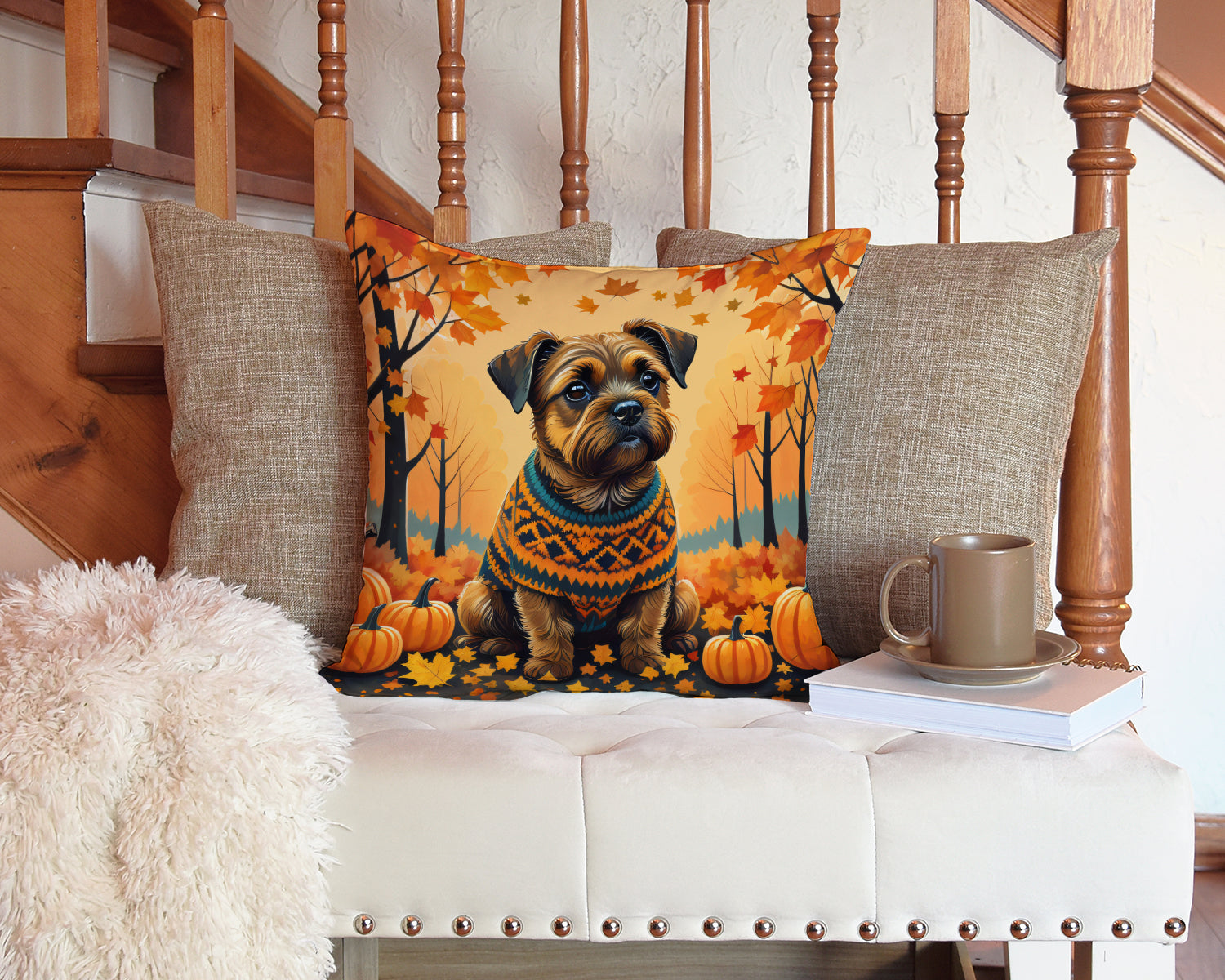 Border Terrier Fall Decorative Throw Pillow 14x14 Indoor Outdoor Accent Cushion, Fabric Cover with Insert for Sofa, Bed, Porch & Living Room
