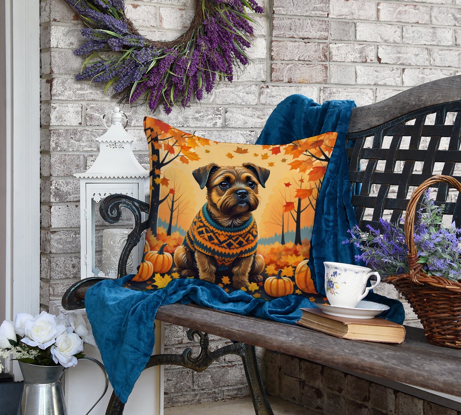Border Terrier Fall Decorative Throw Pillow 18x18 Indoor Outdoor Accent Cushion, Fabric Cover with Insert for Sofa, Bed, Porch & Living Room