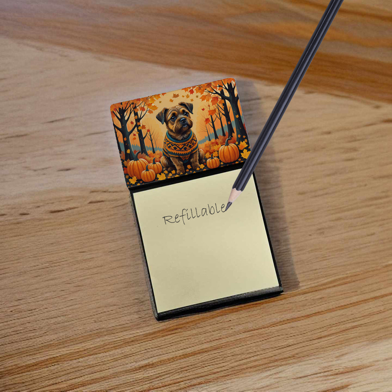 Border Terrier Fall Watercolor Sticky Note Holder Refillable Dispenser Desk Accessory 3x3 Pad Gift