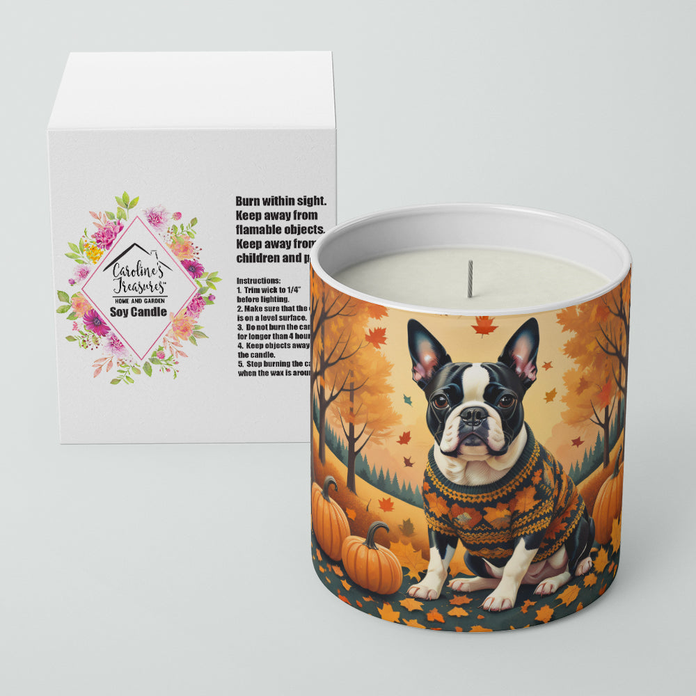 Boston Terrier Fall Decorative Soy Candle Nature Soy Wax Essential Oil Home Decor Ideal for Bedroom Kitchen Bath Office Gift, 10 oz