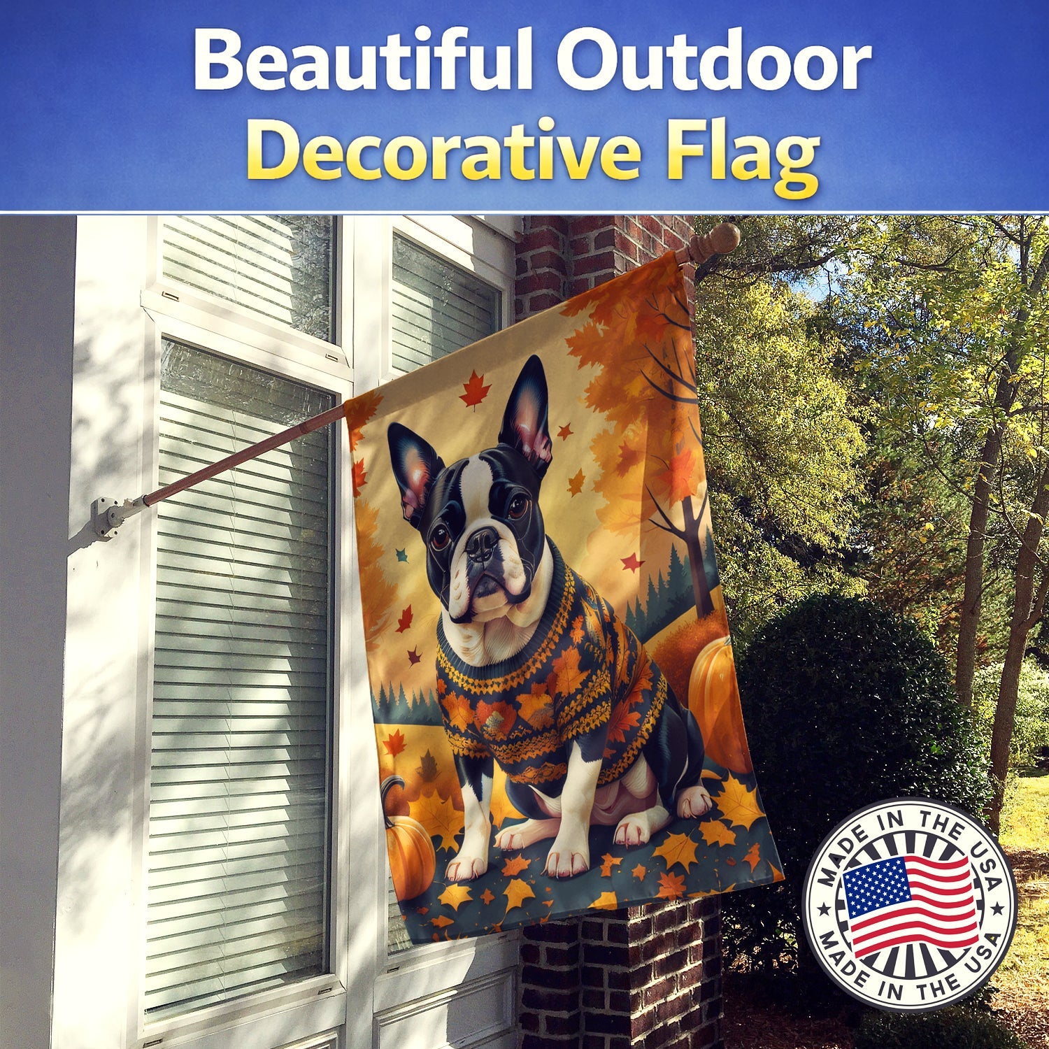 Boston Terrier Fall House Flag 28x40 Porch Sleeve Pole Decorative Outside Yard Banner Artwork Wall Hanging, Polyester