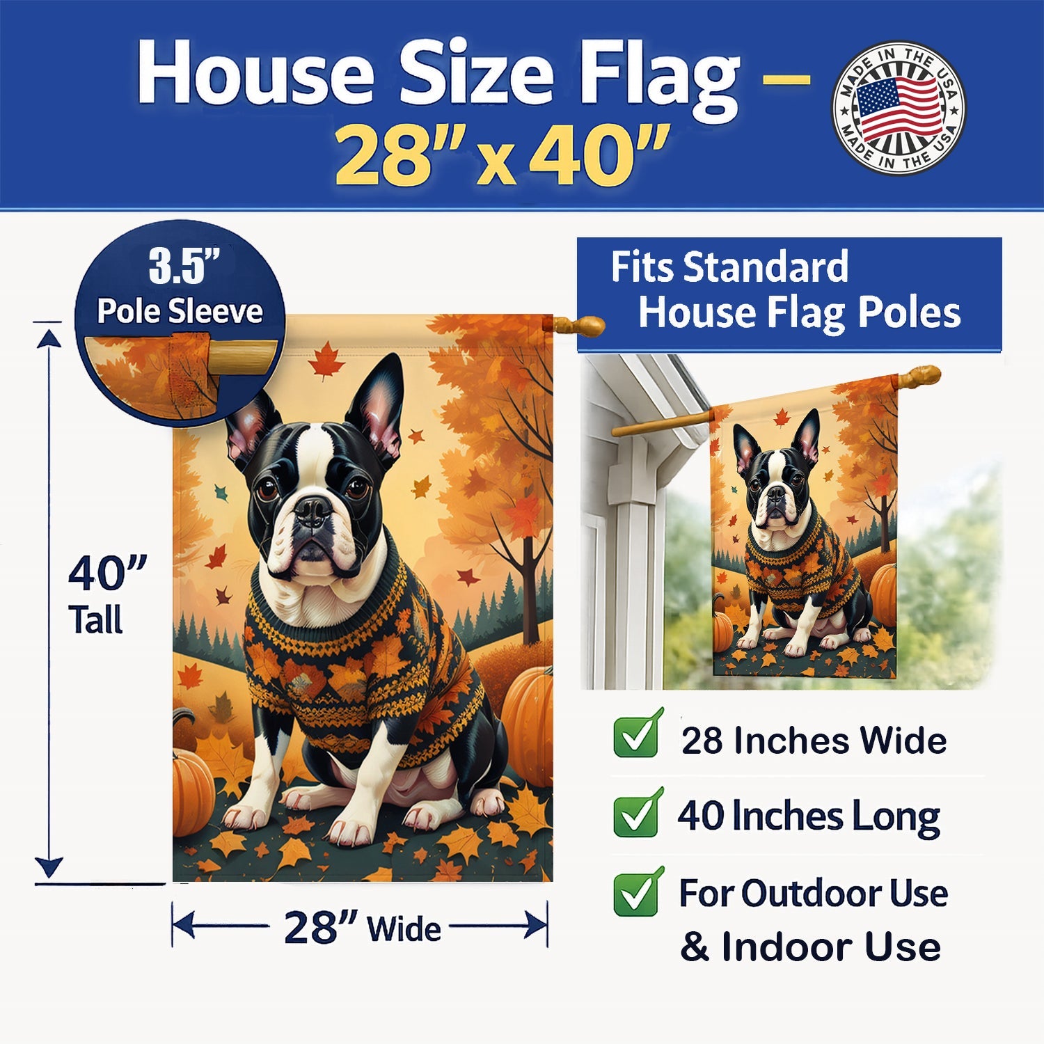 Boston Terrier Fall House Flag 28x40 Porch Sleeve Pole Decorative Outside Yard Banner Artwork Wall Hanging, Polyester
