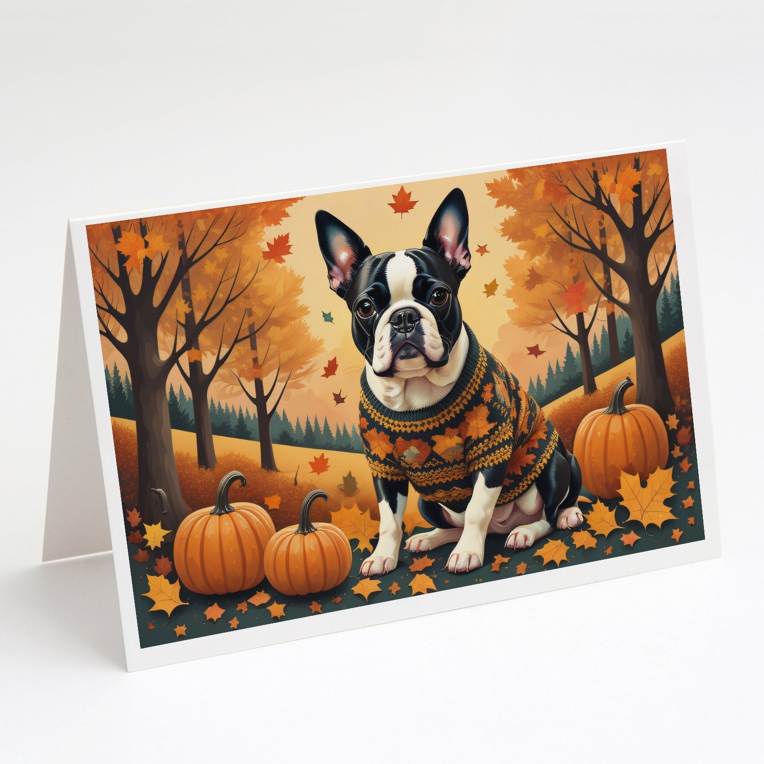 Boston Terrier Fall Greeting Cards Pack of 8 Blank Cards with Envelopes Whimsical A7 Size 5x7