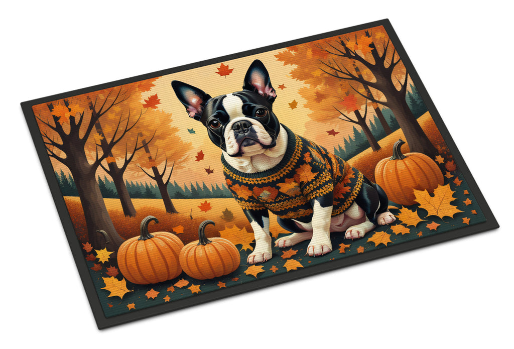Boston Terrier Fall Doormat Indoor Outdoor 24H X 36W Front Door Mat Rugs for Entryway, Non Slip Washable Low Pile,