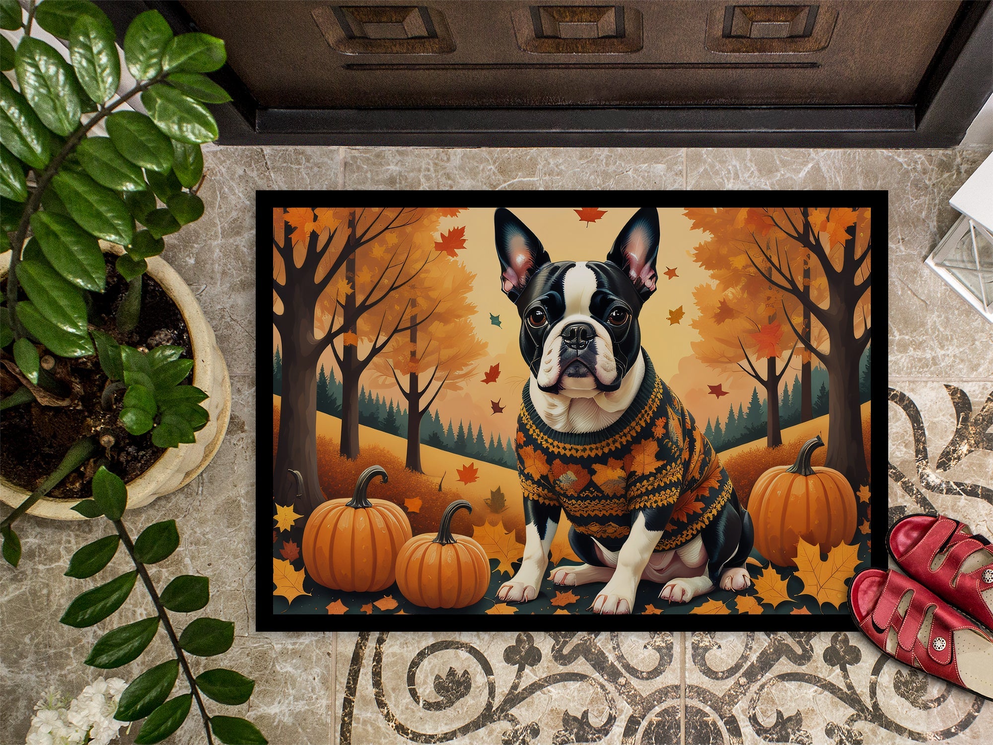 Boston Terrier Fall Doormat Indoor Outdoor 24H X 36W Front Door Mat Rugs for Entryway, Non Slip Washable Low Pile,