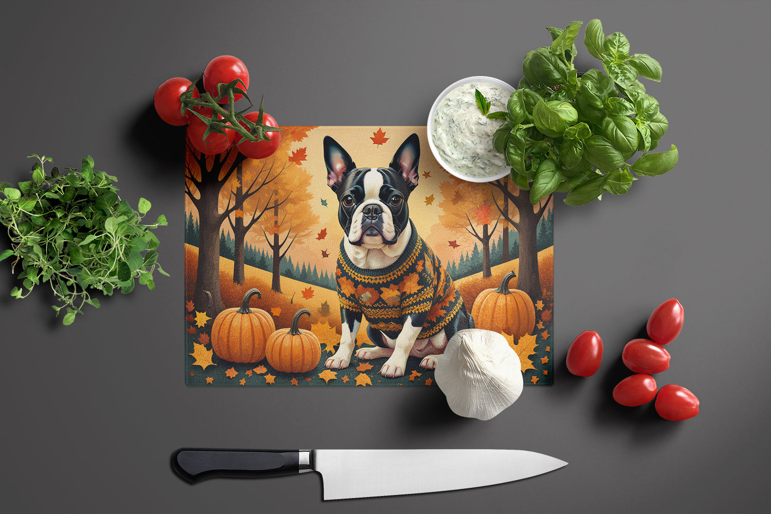 Boston Terrier Fall Cutting Board Tempered Glass Kitchen Cutting Surface, Heat Resistant Chopping, Non-Slip Feet, Food Prep & Serving