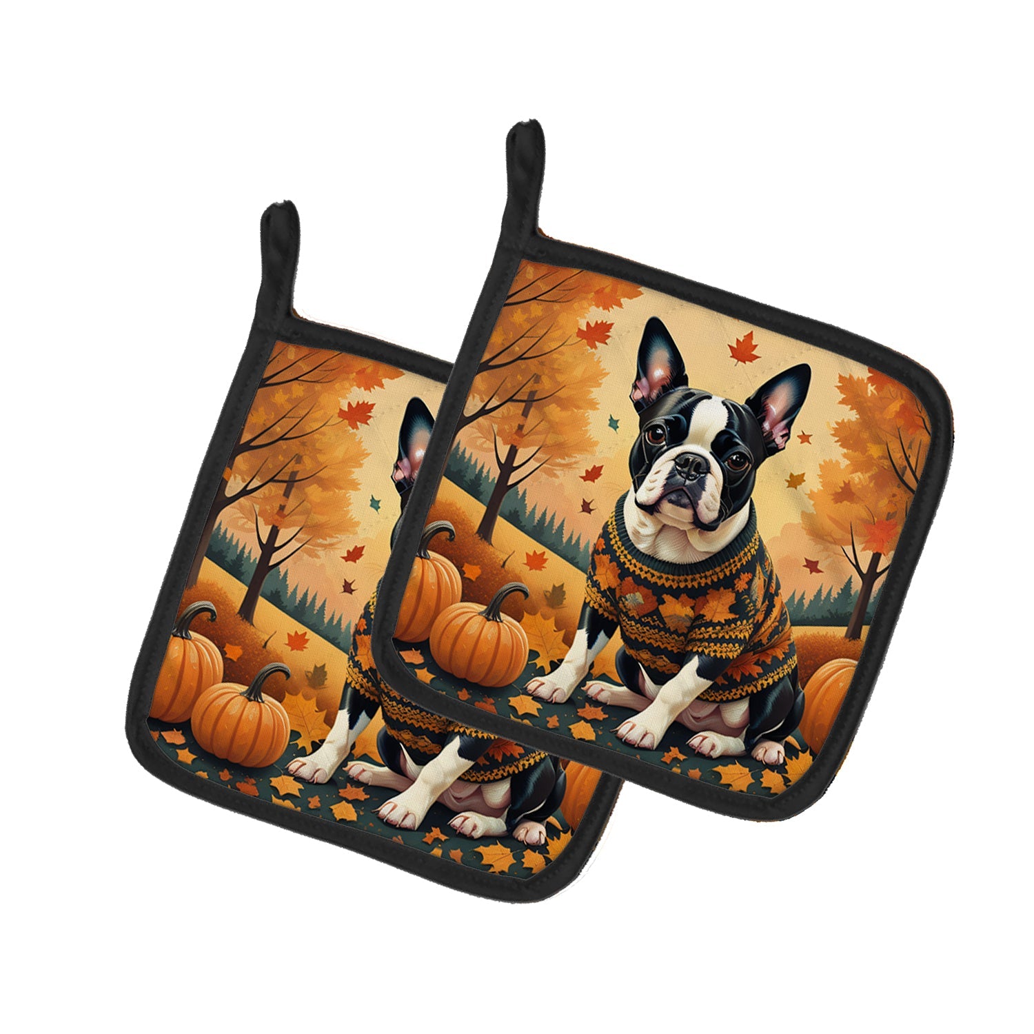 Boston Terrier Fall Pot Holder Set of 2 Heat Resistant Quilted Hot Pads 7.5 x 7.5 Inch, Insulated Kitchen Trivets for Cooking & Baking