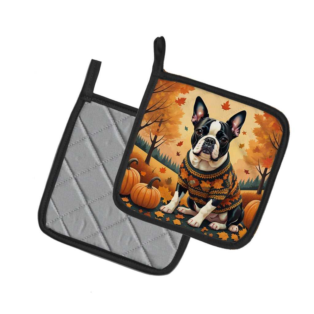 Boston Terrier Fall Pot Holder Set of 2 Heat Resistant Quilted Hot Pads 7.5 x 7.5 Inch, Insulated Kitchen Trivets for Cooking & Baking