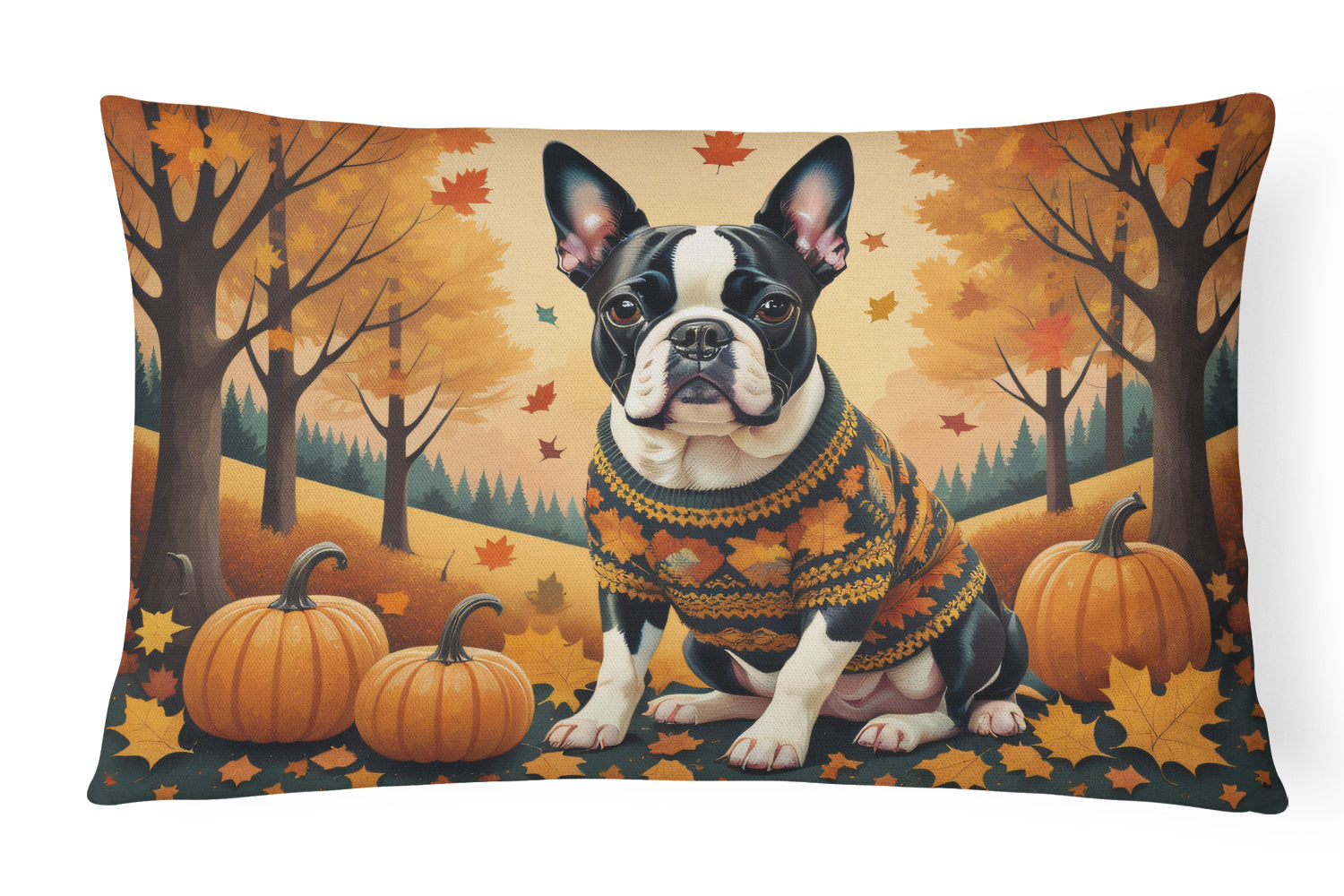 Boston Terrier Fall Decorative Throw Pillow 12x16 Indoor Outdoor Accent Cushion, Fabric Cover with Insert for Sofa, Bed, Porch & Living Room