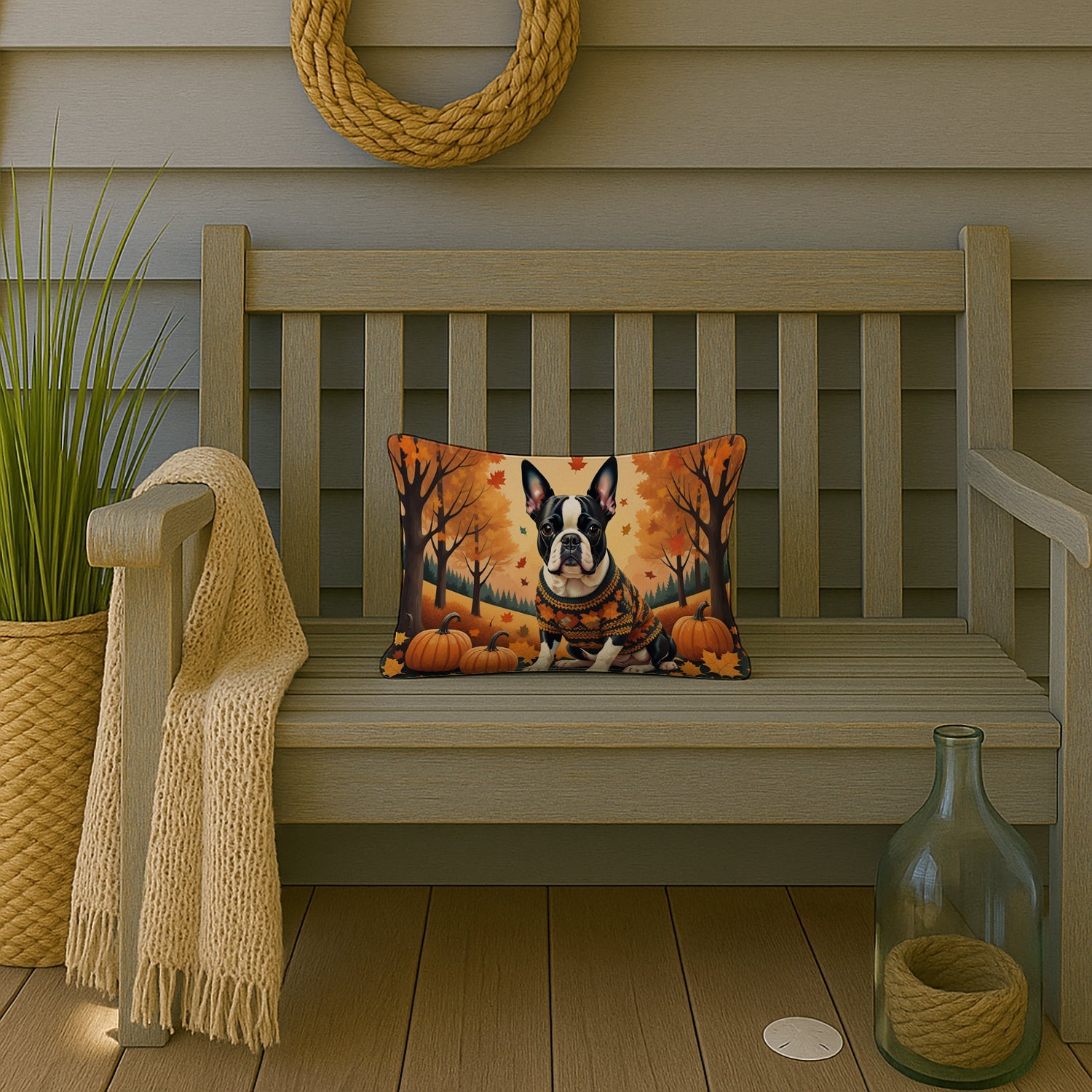 Boston Terrier Fall Decorative Throw Pillow 12x16 Indoor Outdoor Accent Cushion, Fabric Cover with Insert for Sofa, Bed, Porch & Living Room