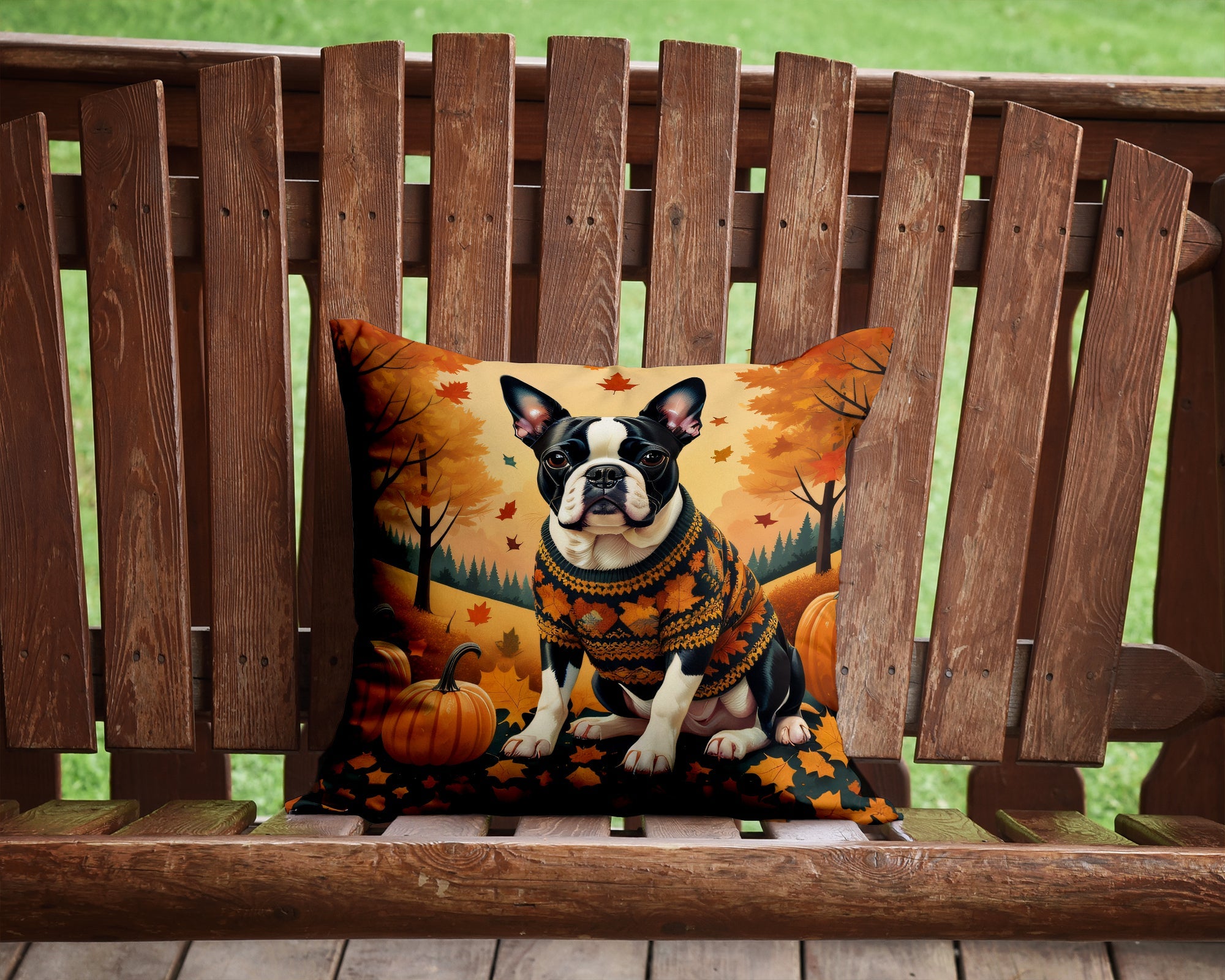 Boston Terrier Fall Decorative Throw Pillow 14x14 Indoor Outdoor Accent Cushion, Fabric Cover with Insert for Sofa, Bed, Porch & Living Room