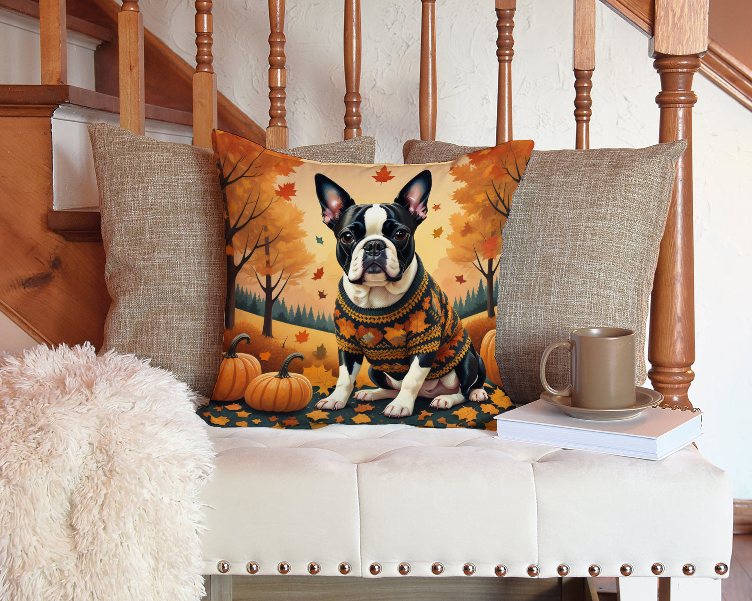 Boston Terrier Fall Decorative Throw Pillow 14x14 Indoor Outdoor Accent Cushion, Fabric Cover with Insert for Sofa, Bed, Porch & Living Room