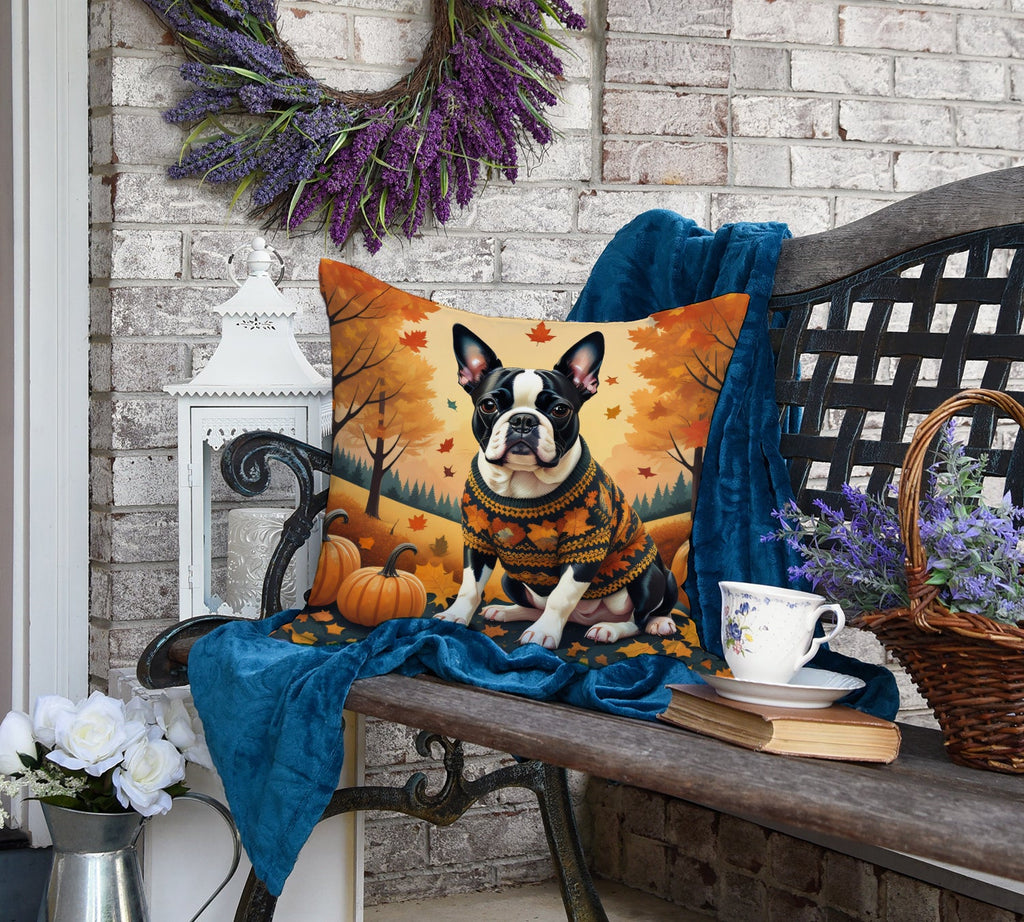 Boston Terrier Fall Decorative Throw Pillow 18x18 Indoor Outdoor Accent Cushion, Fabric Cover with Insert for Sofa, Bed, Porch & Living Room