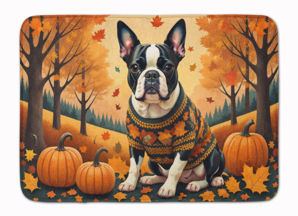 Boston Terrier Fall Memory Foam Kitchen Mat Machine Washable Anti-Fatigue Cushion Comfort Bath or Kitchen Rug