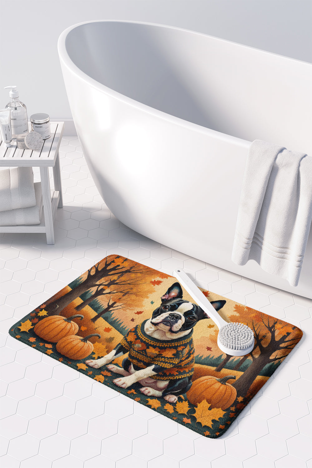 Boston Terrier Fall Memory Foam Kitchen Mat Machine Washable Anti-Fatigue Cushion Comfort Bath or Kitchen Rug