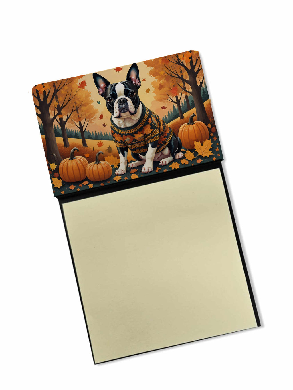 Boston Terrier Fall Watercolor Sticky Note Holder Refillable Dispenser Desk Accessory 3x3 Pad Gift